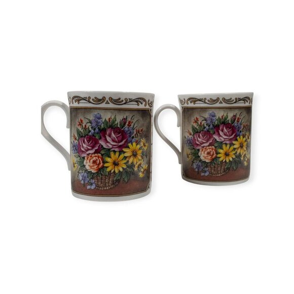 Royal Worcester Porcelain Floral Bouquet Scroll Coffee/Tea Mugs Set Of 2 Fine Bo - Picture 7 of 15